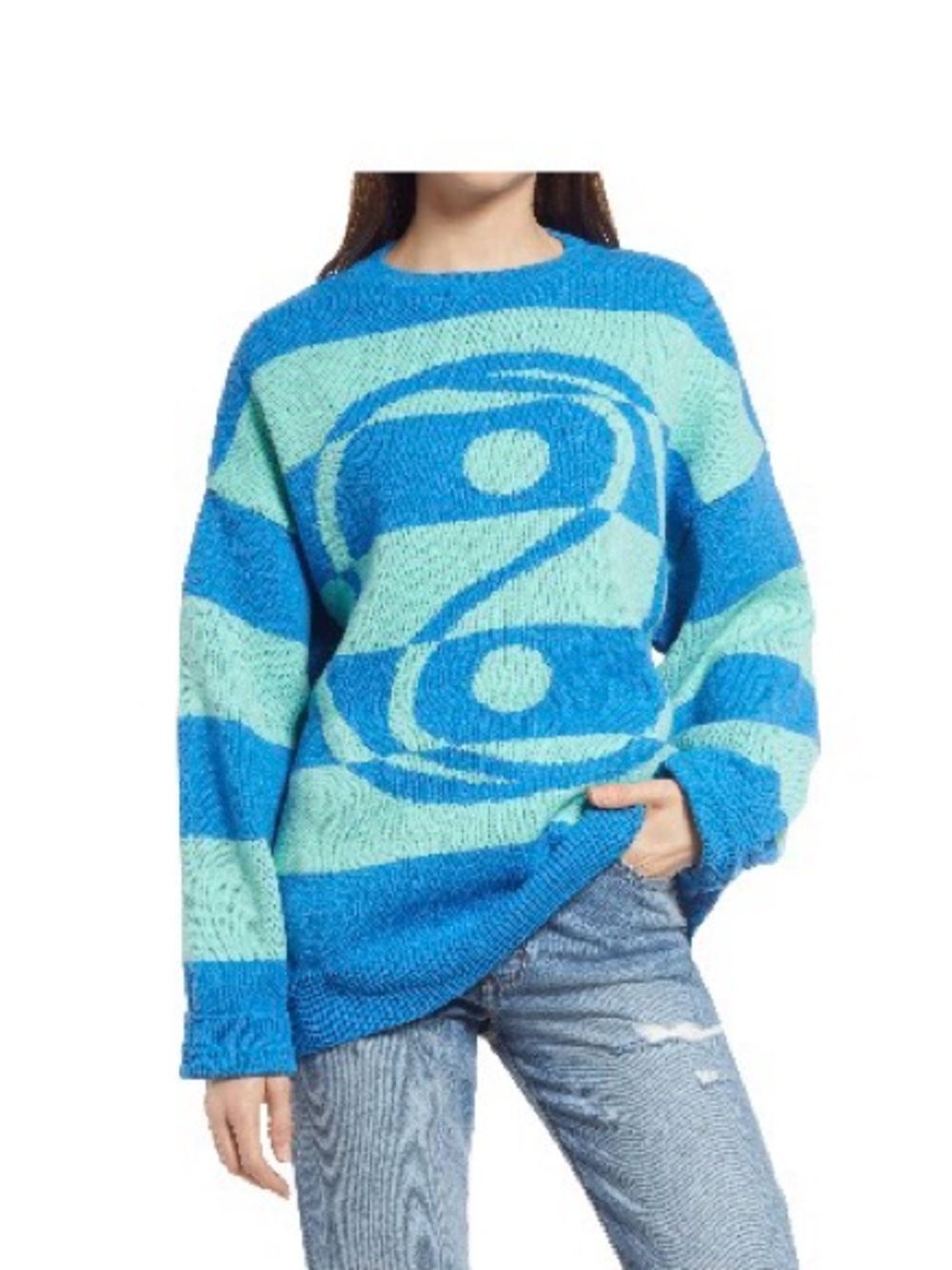 Topshop Blue and Mint Striped Crewneck Sweater with Yin-Yang Motif